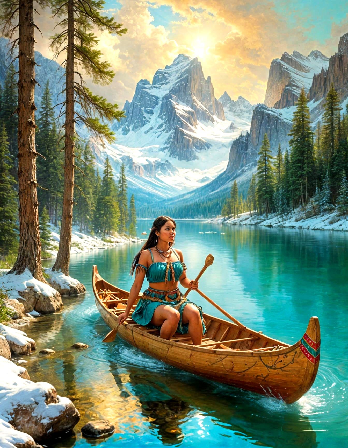 Apache Woman Canoeing on Turquoise Lake