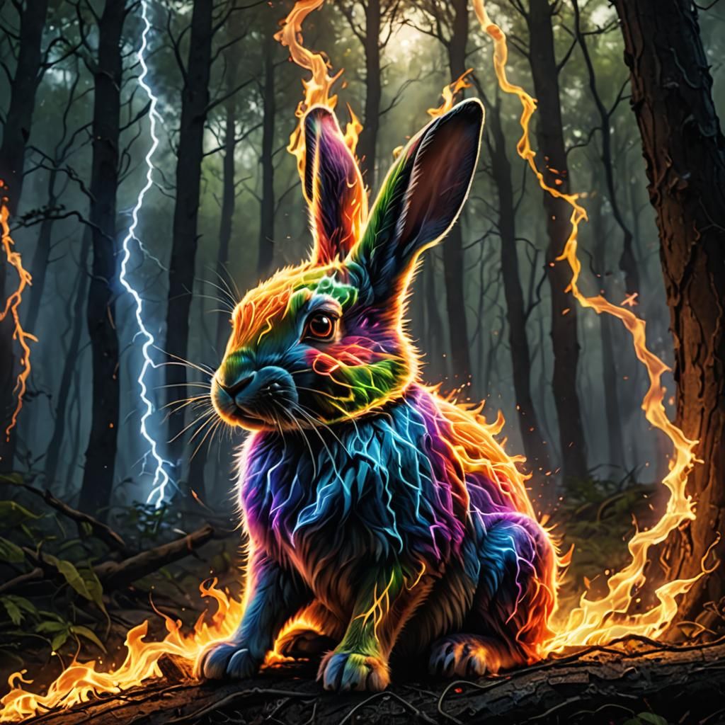 Rainbow Lightning Rabbit in Forest Scene
