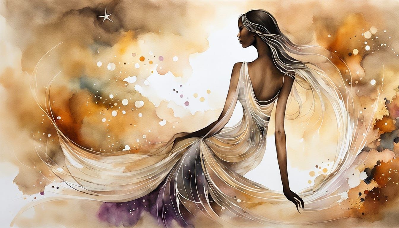 Ethereal Cloud Woman in Galactic Scene - Fashion Sketch Styl...