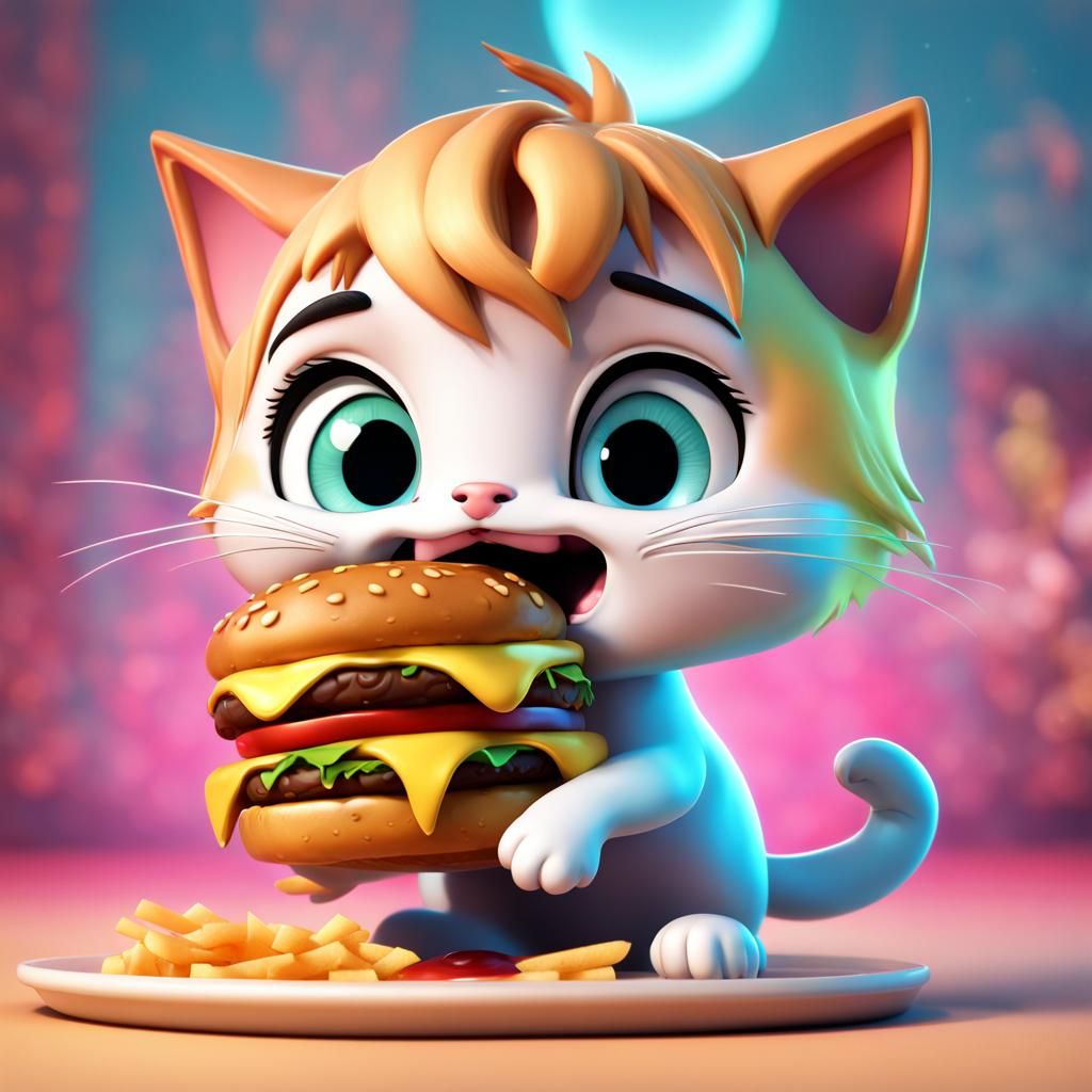 Chibi Kitten Enjoys Cheeseburger: Pixar Style