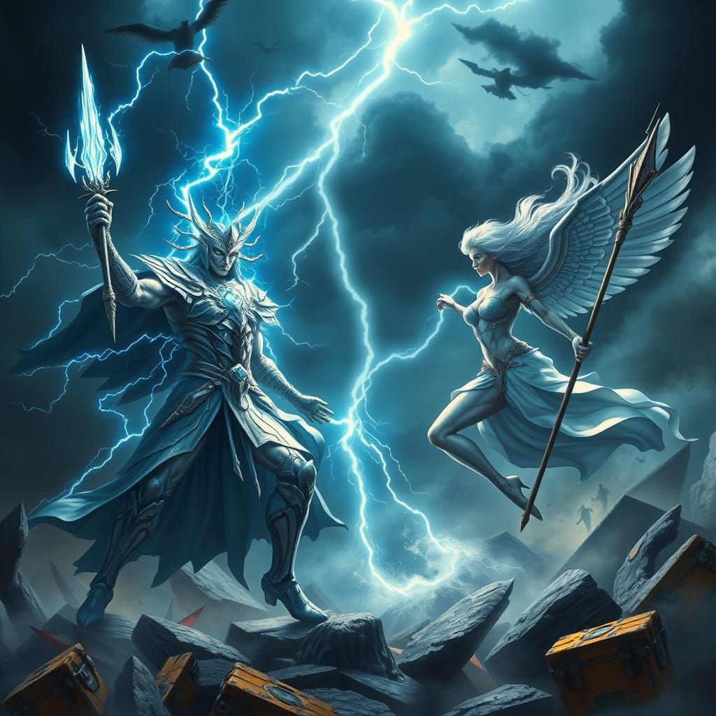 Epic Clash of Divine Forces in a Dark, Futuristic Landscape