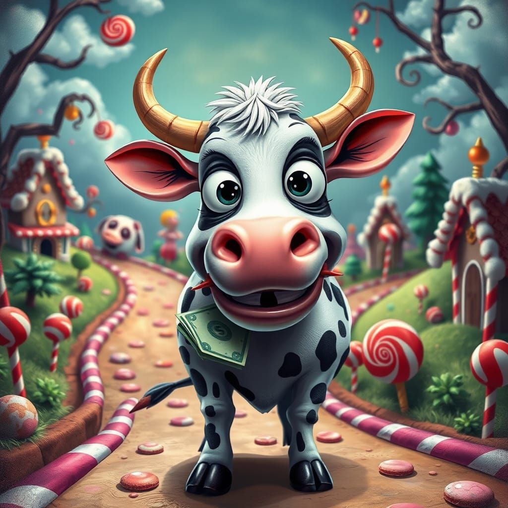 A vibrant cow with bulging eyes and a wide toothy grin, holding money in her mouth, set against a whimsical Candyland-in...