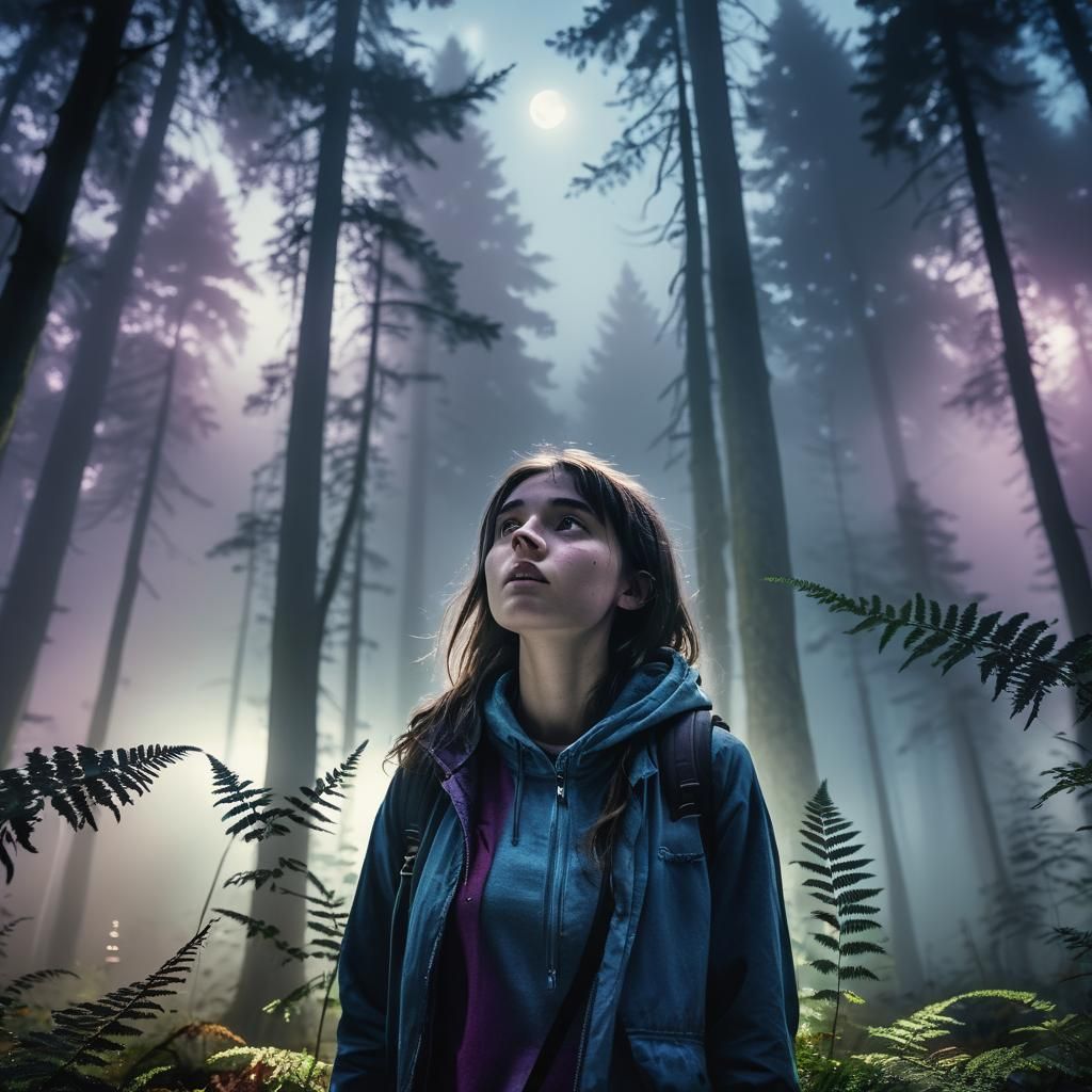 Ethereal Teenage Girl in Misty Moonlit Forest