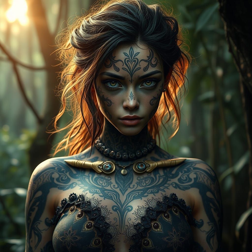 Primal Amazonian Goddess Prepares for Ritual in the Heart of...