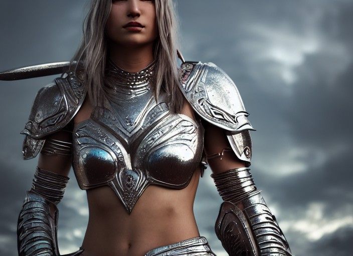 Warrior Woman in Silver Armor: Photorealistic 8K Render