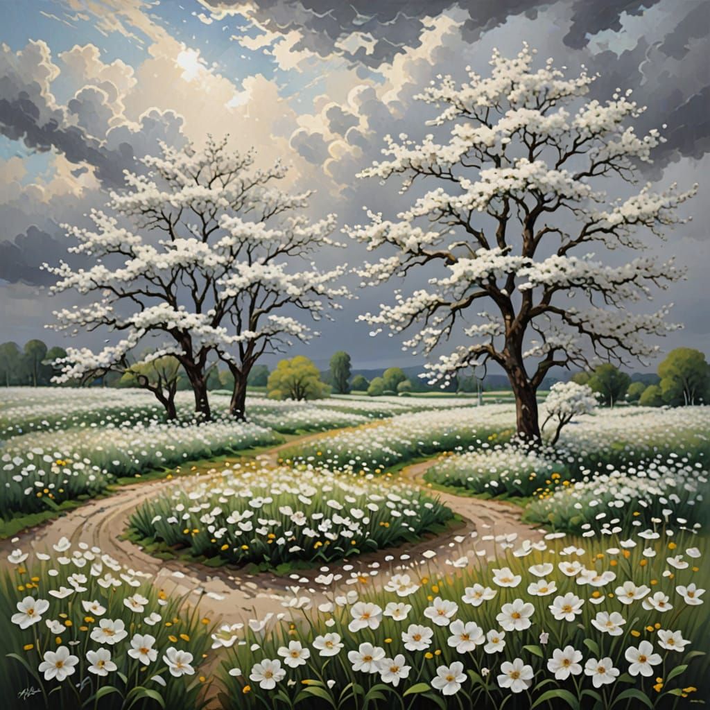 Impressionistic White Flowers Under Silvery Sky