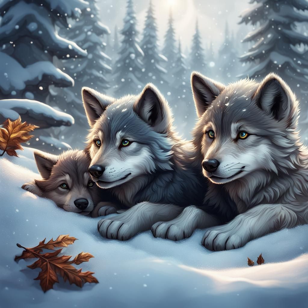 Cute wolf cubs lying in the snow