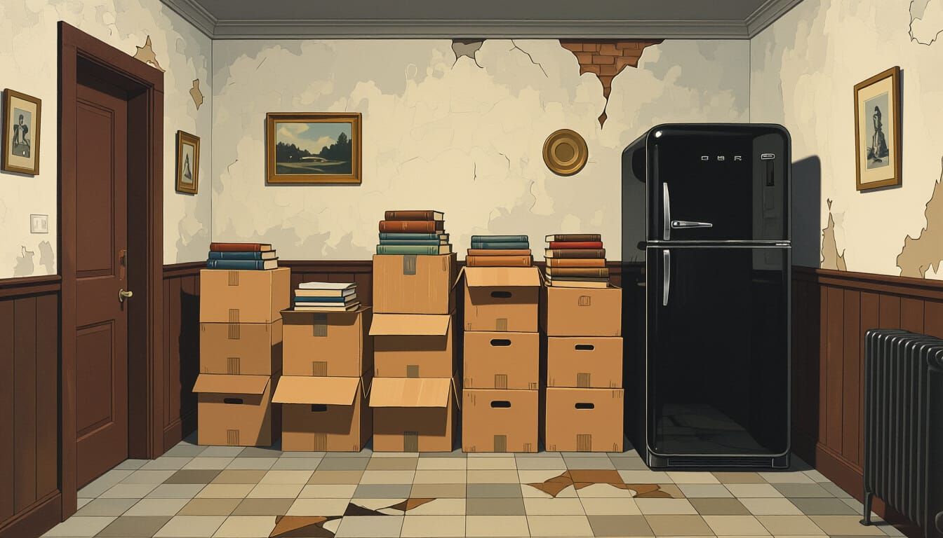 Damaged Room with Refrigerator in Industrial Illustration St...