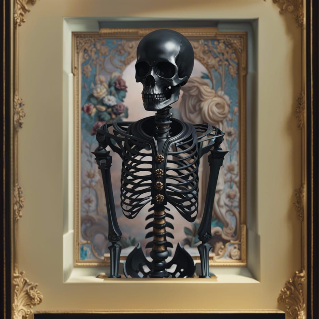 Rococo Gothic Skeleton with Coffee: Hyperrealistic Photoillu...