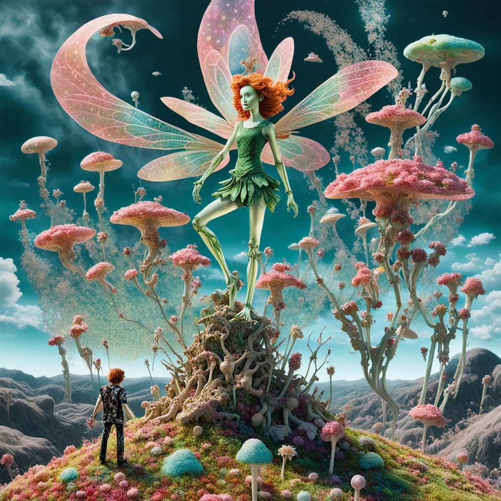 Winged Cyborg Fairy in Surreal Candy Dreamscape