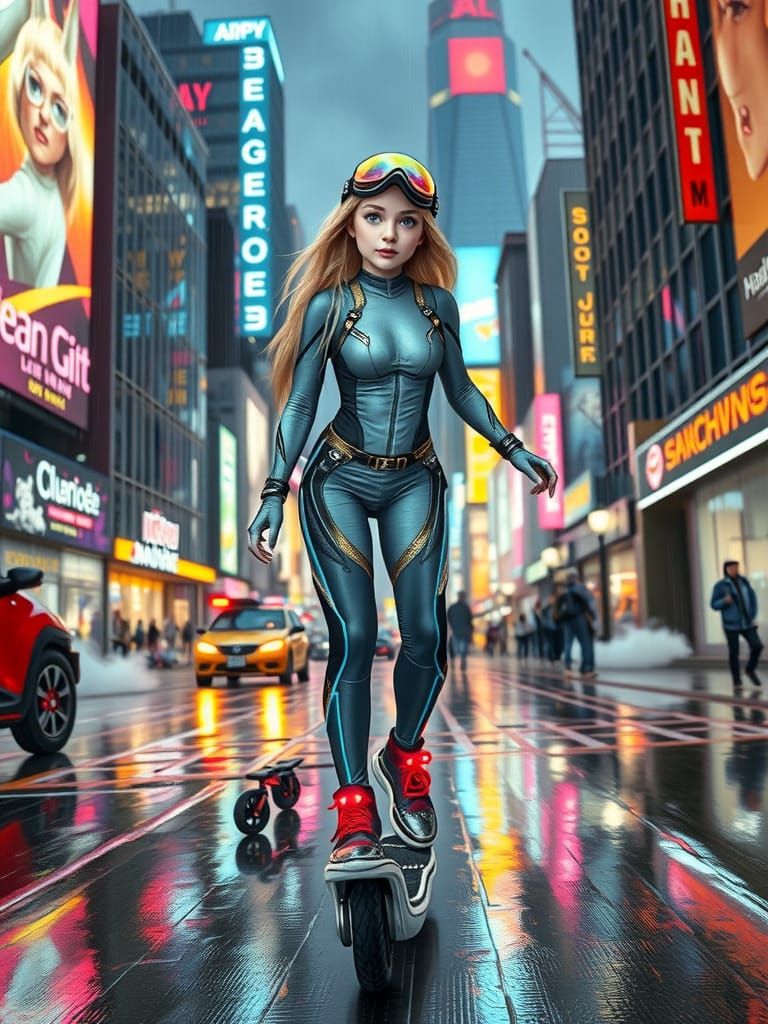 Cyberpunk Girl on Onewheel: Oil Painting Style