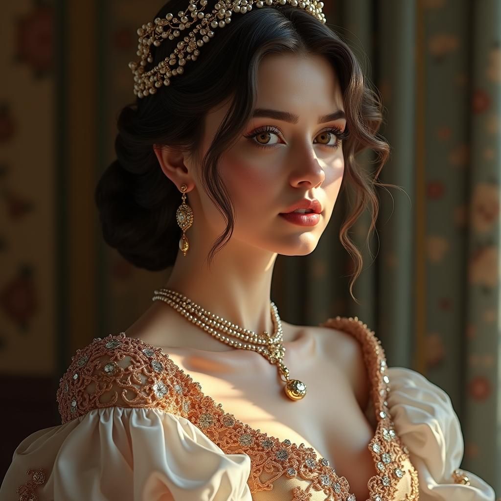 Elegant Woman in Regal Dress: Art Nouveau Portrait