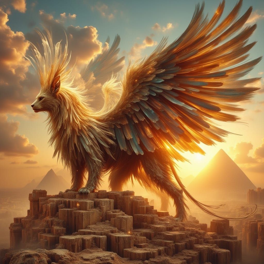 Majestic Winged Sphinx on Ancient Ruins at Sunset