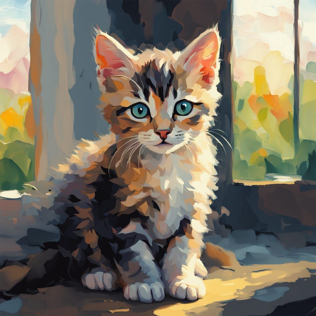 Cute Kitten in Meadow Neo-Impressionist Painting
