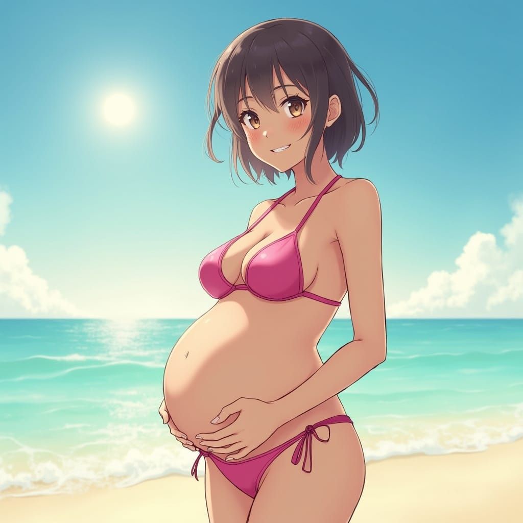 Anime Woman with Pregnancy Belly on Beach