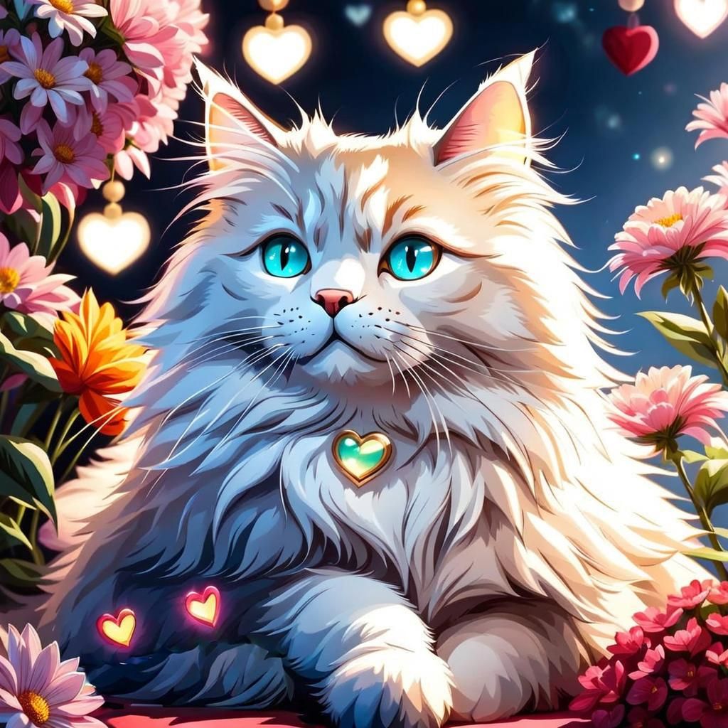 Cute Siberian Cat with Flowers and Heart Lights