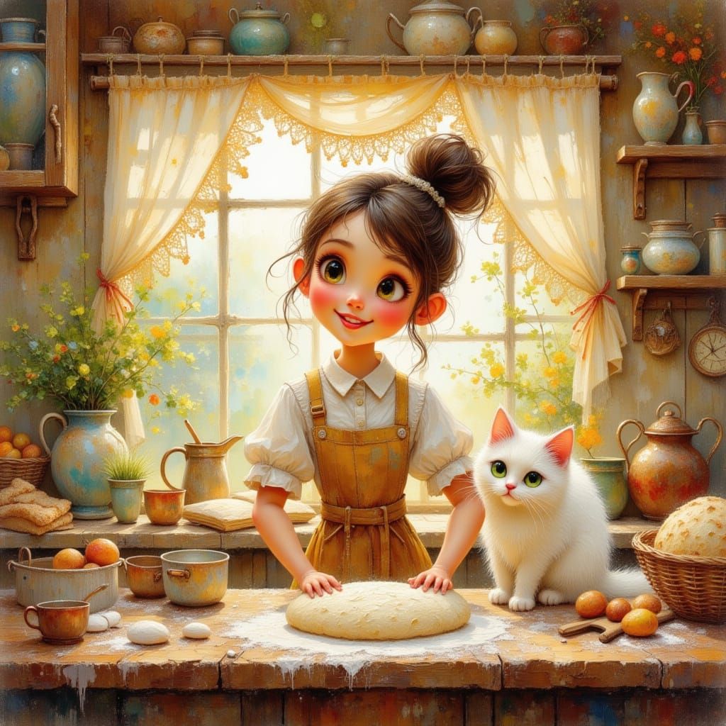 Charming Baker and Cat in Watercolor Style Kitchen