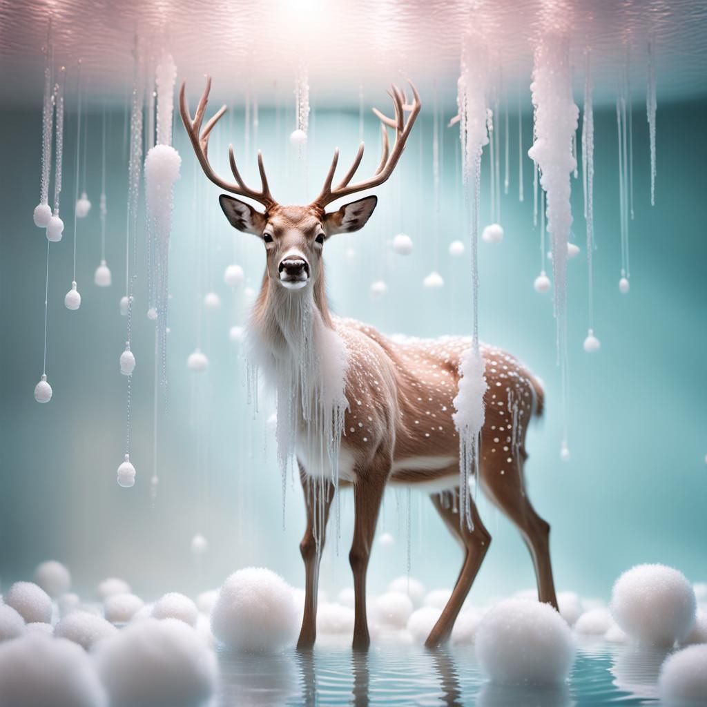 Cotton Deer Under Glass Waterfall in Dreamlike Surrealism