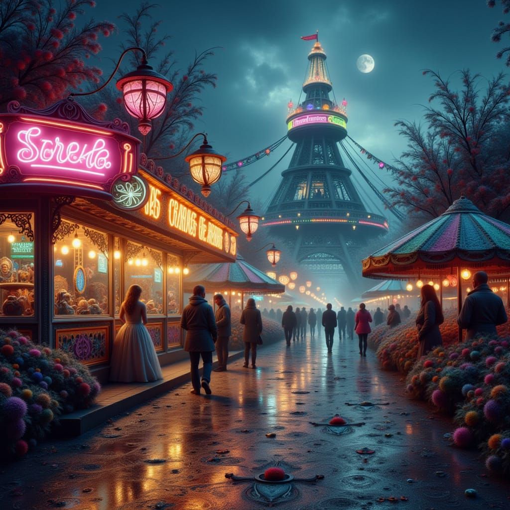 Mystical Carnival at Dusk in Neon Noir Style