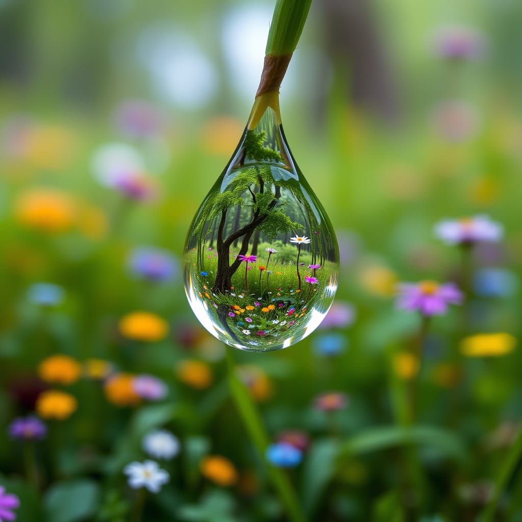 Upside-Down Forest Reflected in Dewdrop
