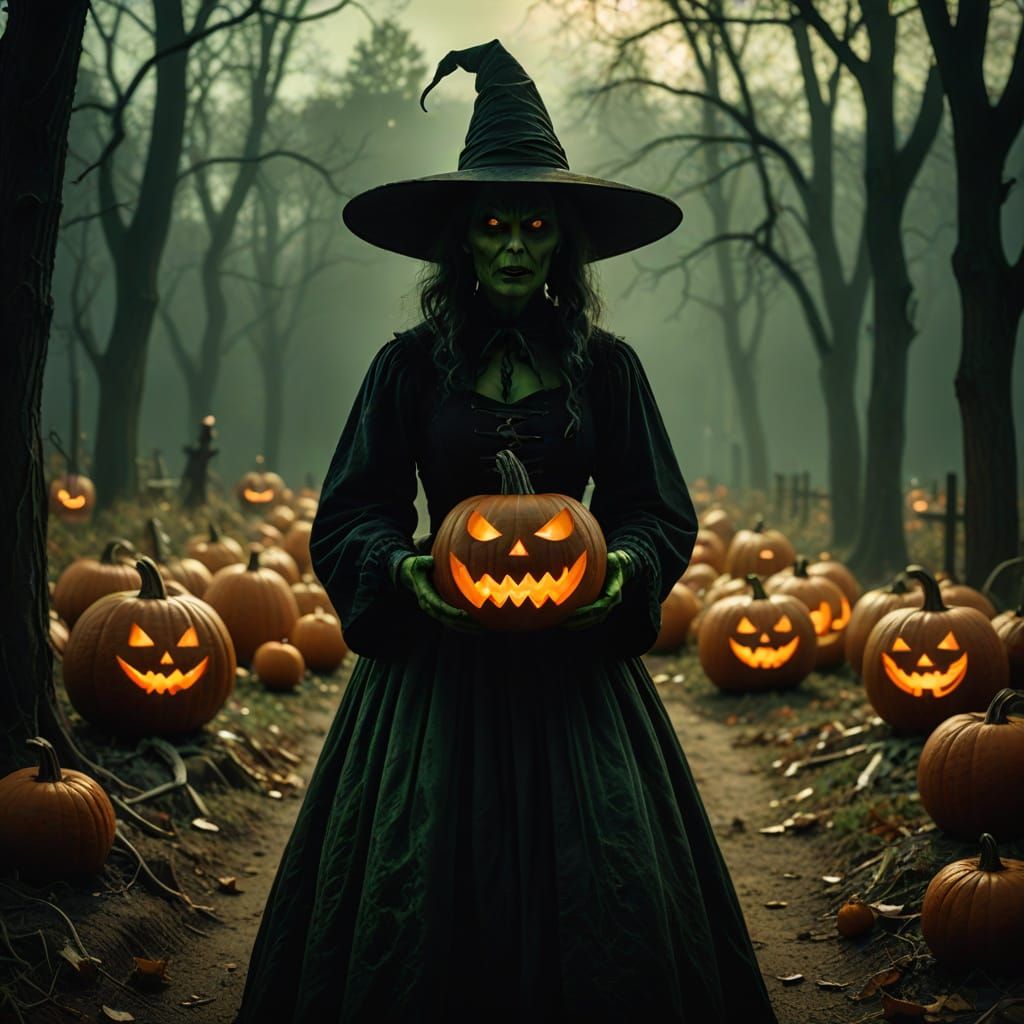 Twisted Witch Cackles Holding Eerie Glowing Pumpkin