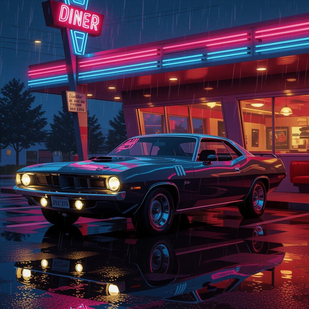 1970 Plymouth Barracuda Under Neon Diner Glow