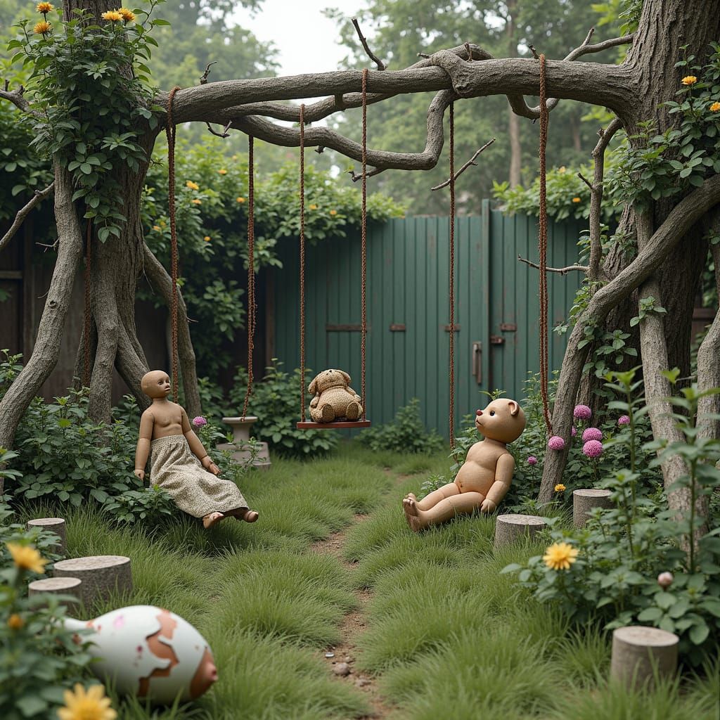 Derelict Overgrown Garden with Shattered Toys