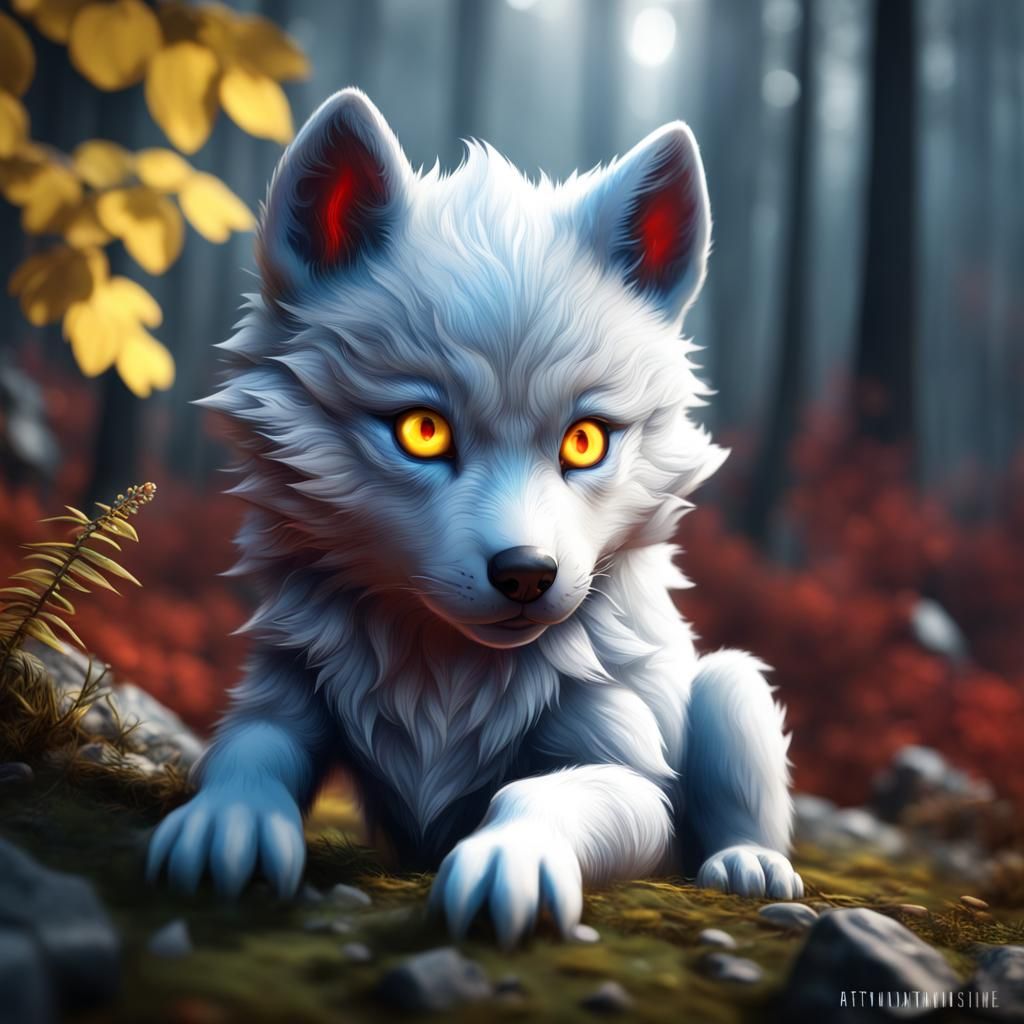 Blue-White Wolf Cub with Heterochromia