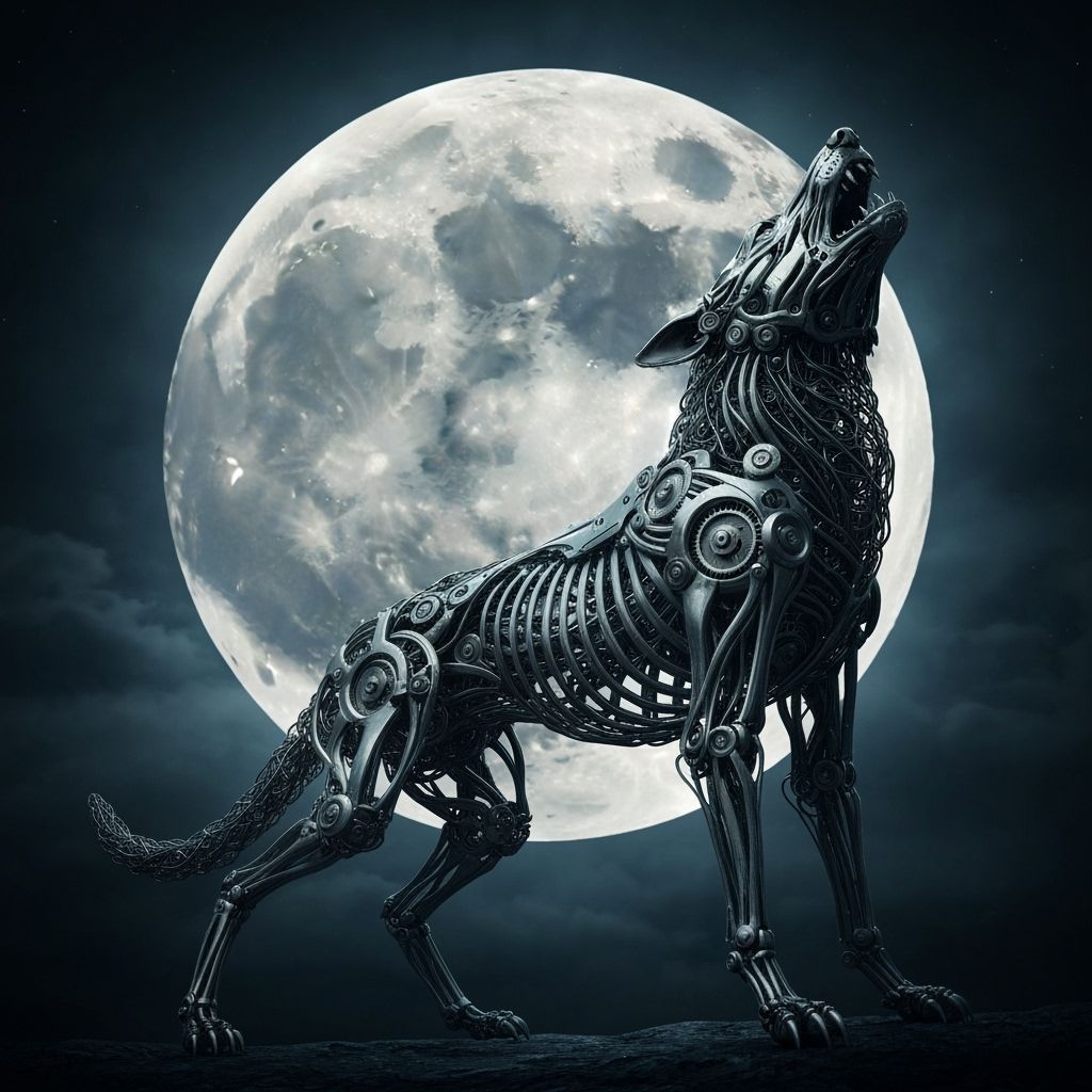 Biomechanical Wire Wolf Howling at Moon in Giger Style