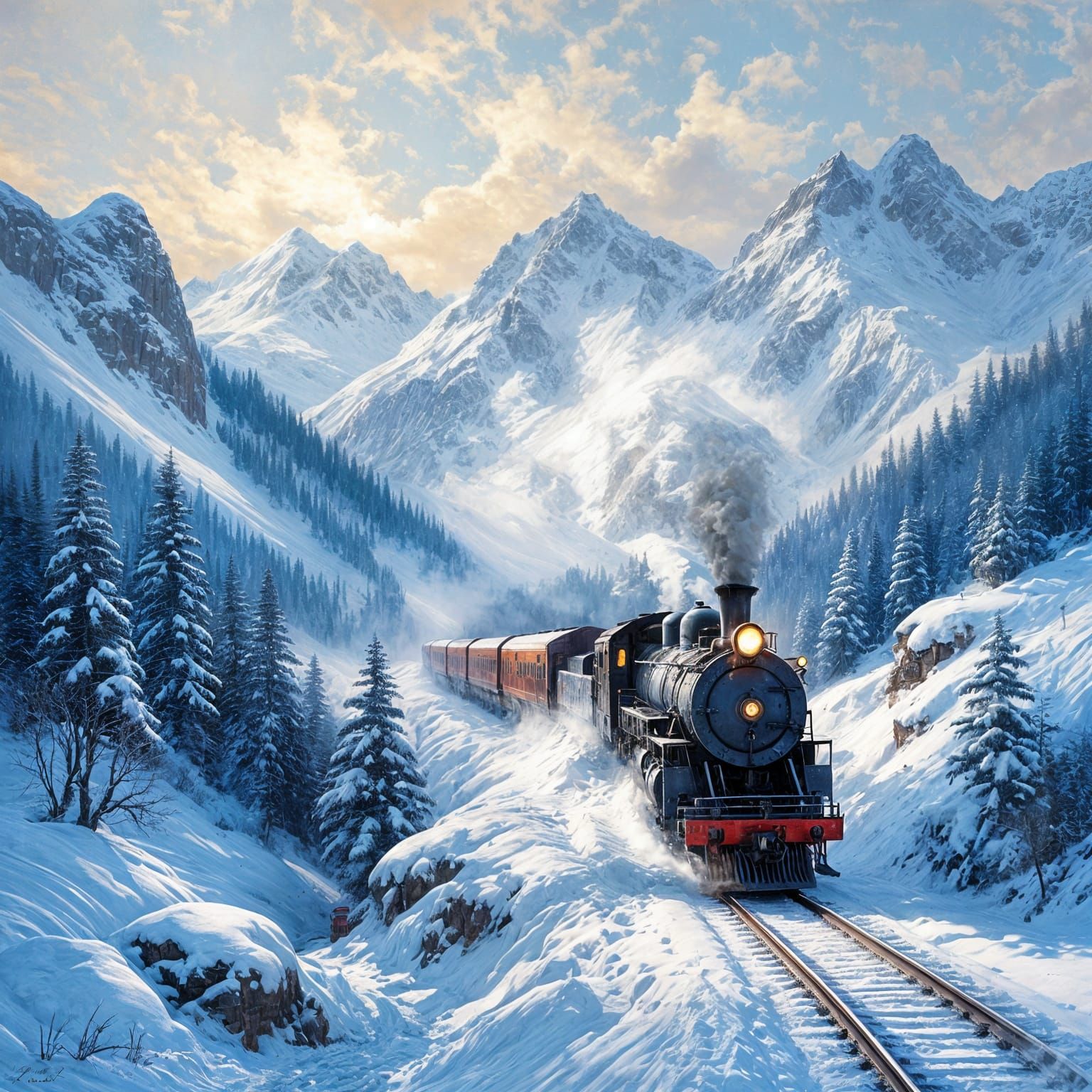 Ethereal Train Journey Through Snowy Mountains as Oil Painti...
