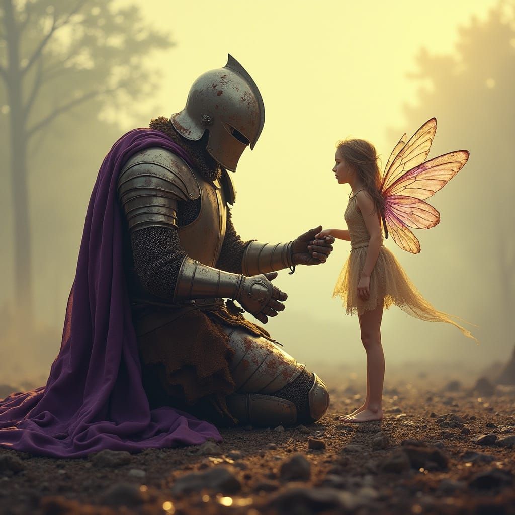 A lone, wounded knight clad in intricately detailed plate armor, kneels wearily on a desolate, mist-shrouded battlefield...