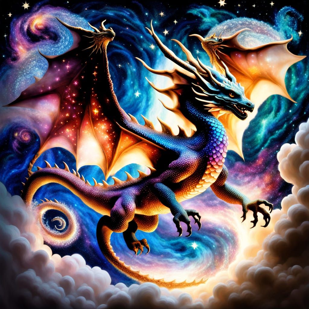 Iridescent Dragon Flight Through Cosmic Nebula