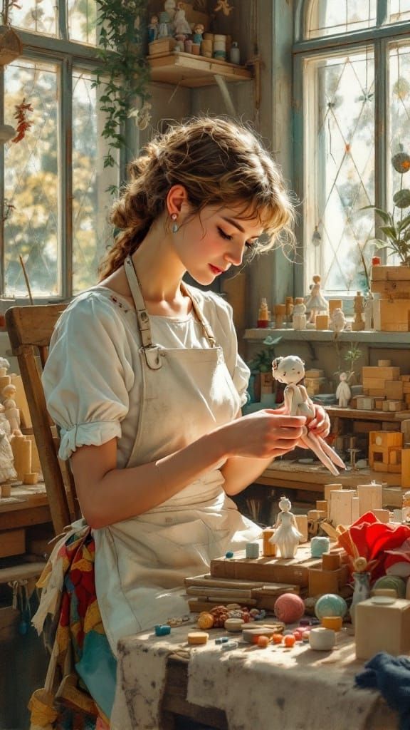 Whimsical Doll Maker in Cozy 1930s Workshop