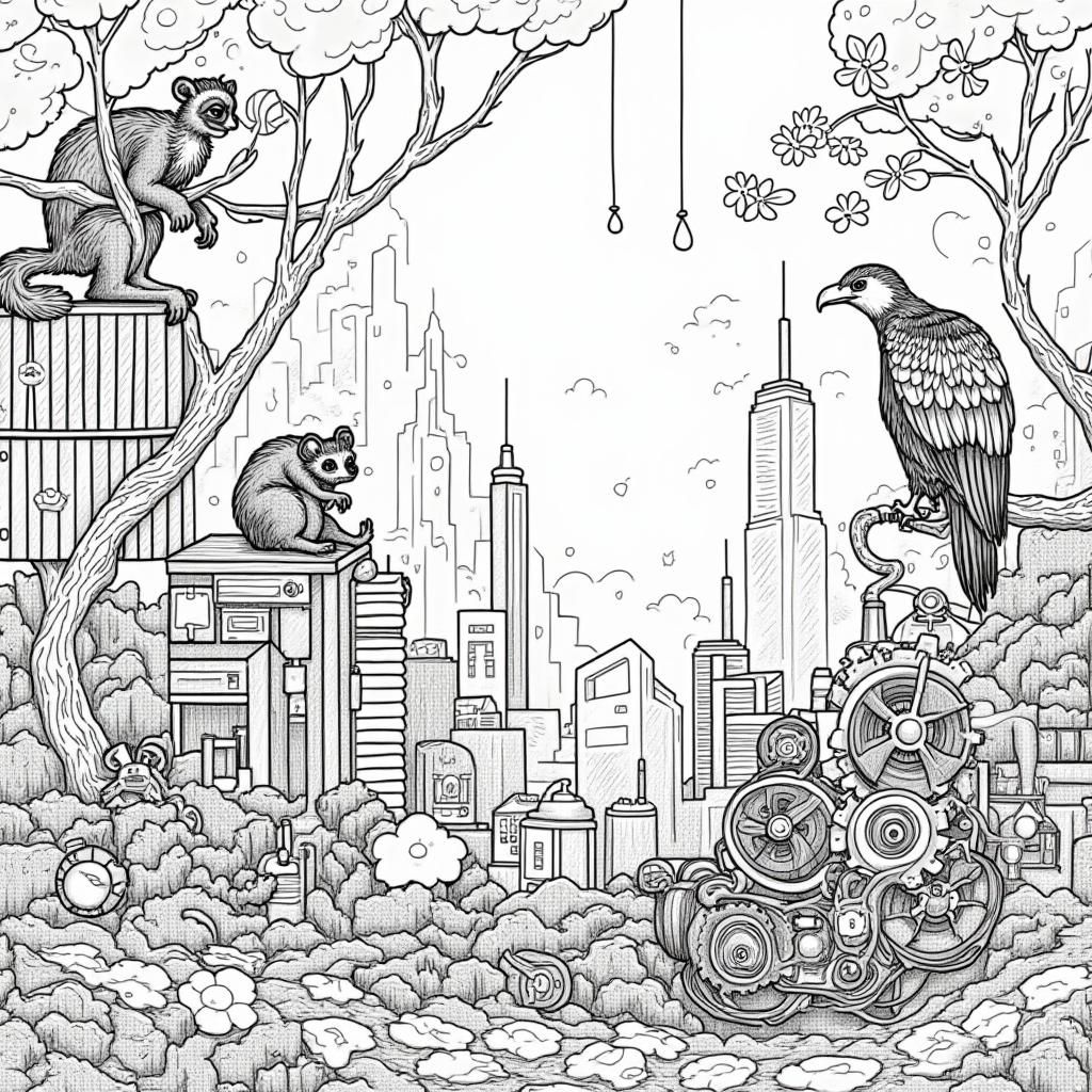 Steampunk Jungle City with Animals: Detailed Illustration