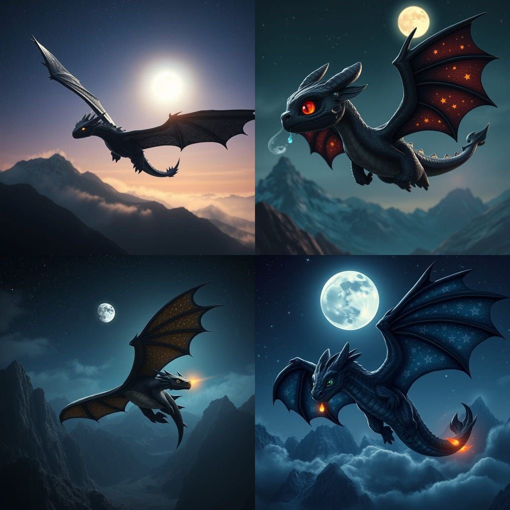 Hyperrealistic Black Dragon Soars Under Starry Night Sky