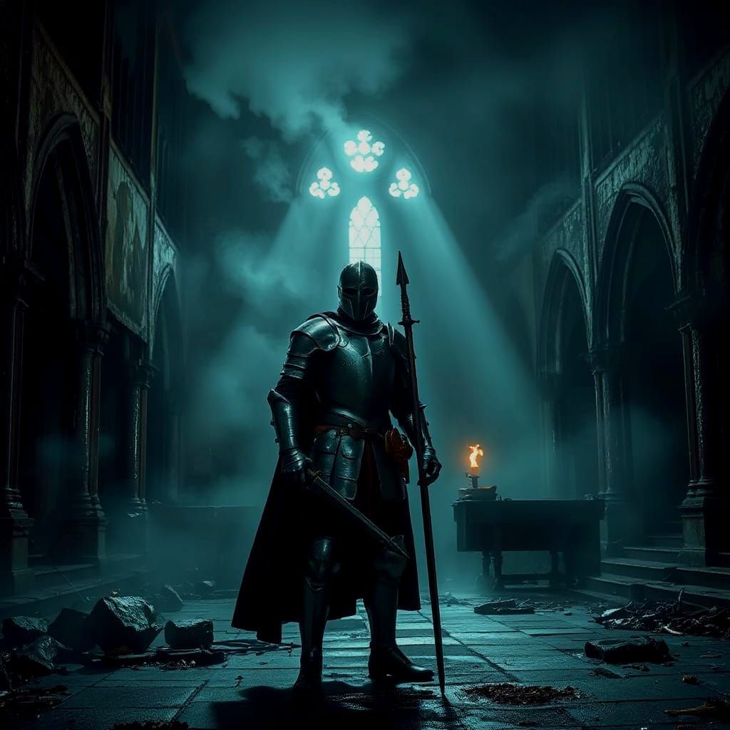 Brooding Knight in Ruined Cathedral