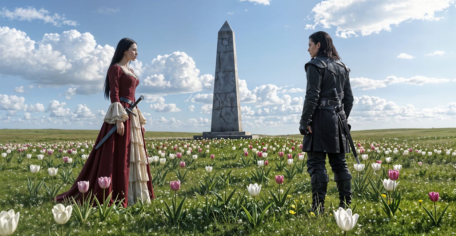 Woman Meets Alien at Majestic Engraved Obelisk