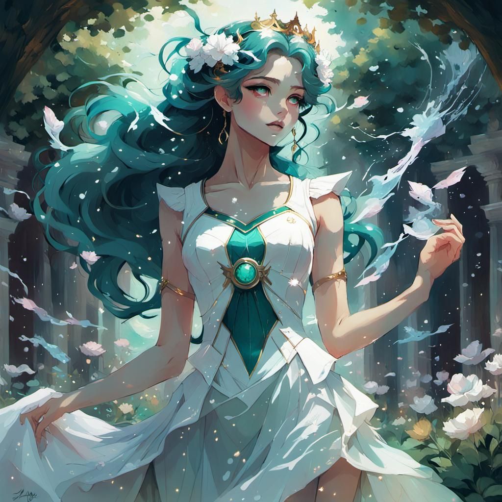 Sailor Neptune in a white dress standing in a garden, a beautiful fantasy empress, fantasy art style, ((a beautiful fant...