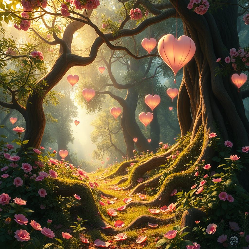 Whimsical Forest Valentine's Day Scene in Dreamlike Style