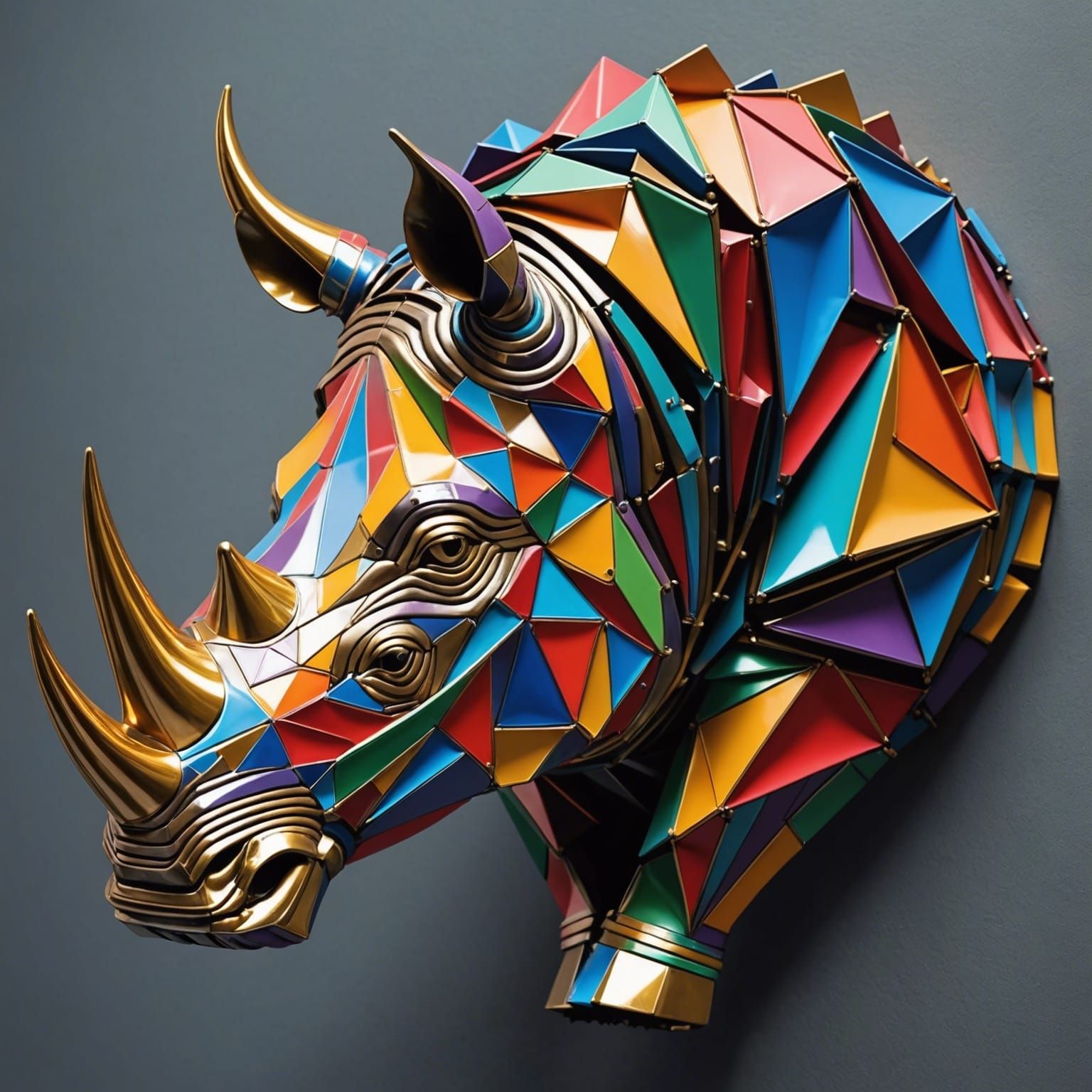 Multicolored Metal Rhinoceros Relief Sculpture
