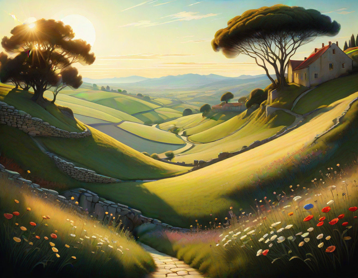 Whimsical Spring Landscape with Distorted Geometry