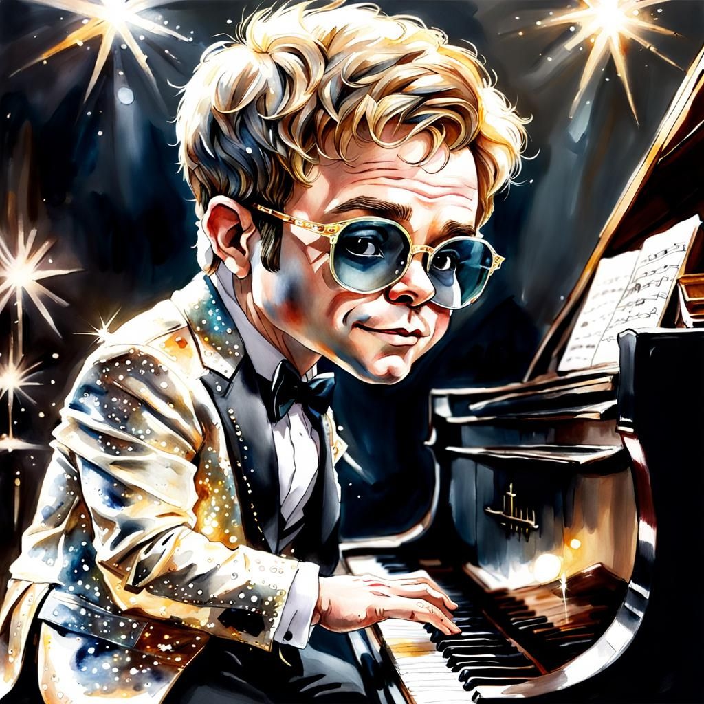 Chibi Elton John at Piano: Watercolor and Charcoal