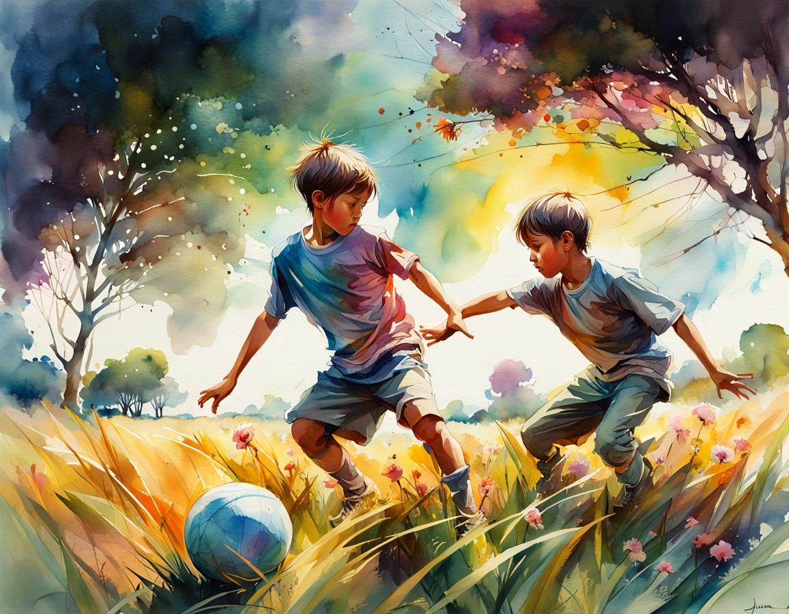 Two Young Brothers Fighting Over a Ball