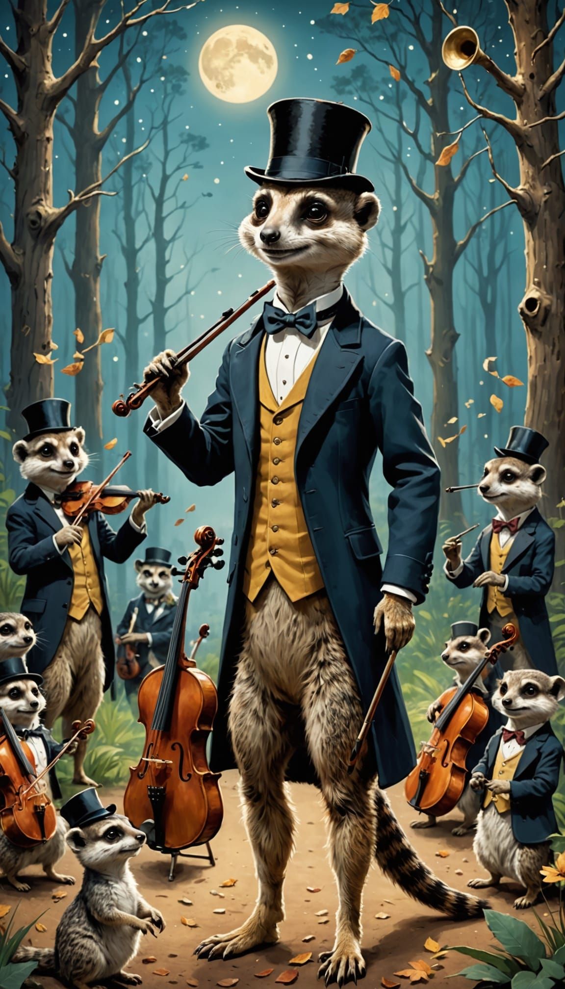 Dapper Meerkat Conducting Woodland Orchestra in Painterly St...
