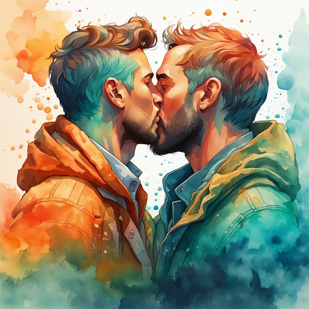 LGBT acceptance of two beautiful men kissing watercolour