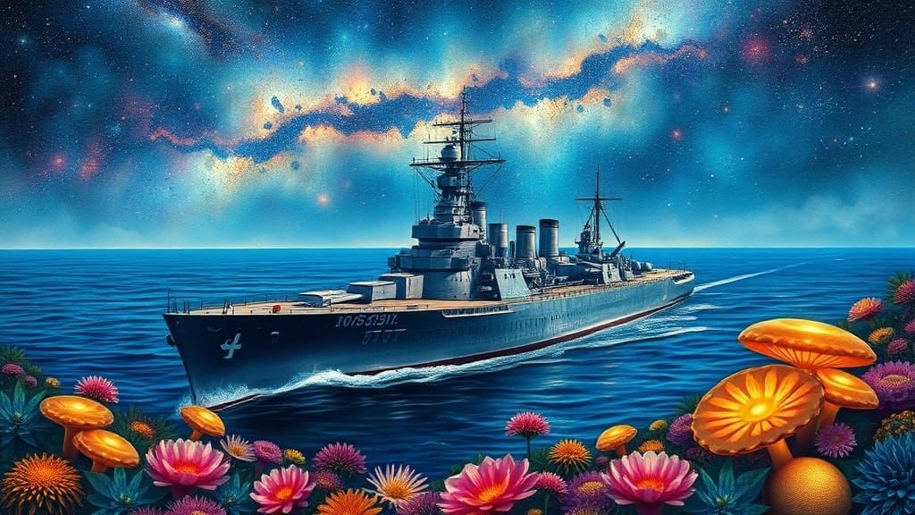 Glistening Battleship in Cosmic Fantasy Landscape