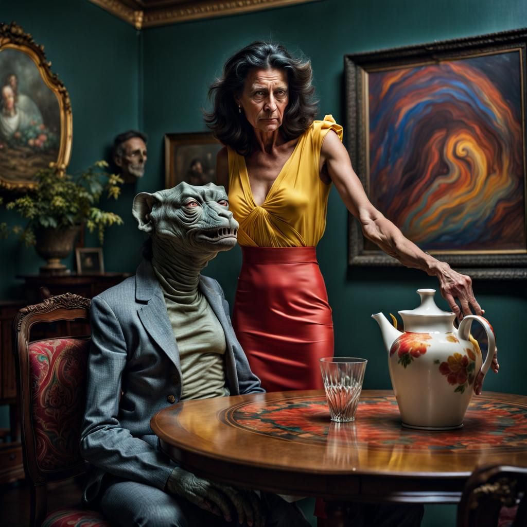 Emotional Party with Bizarre Creatures, Hyperrealistic Photo
