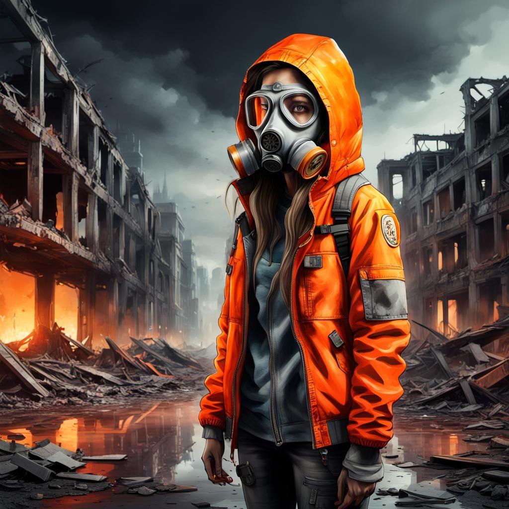 Woman in Gas Mask in Destroyed City at Night