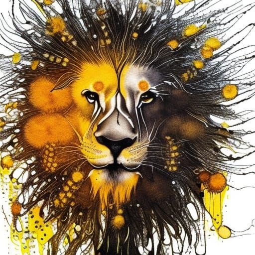 Dandelion Lion Ink Painting in Maximalist Style