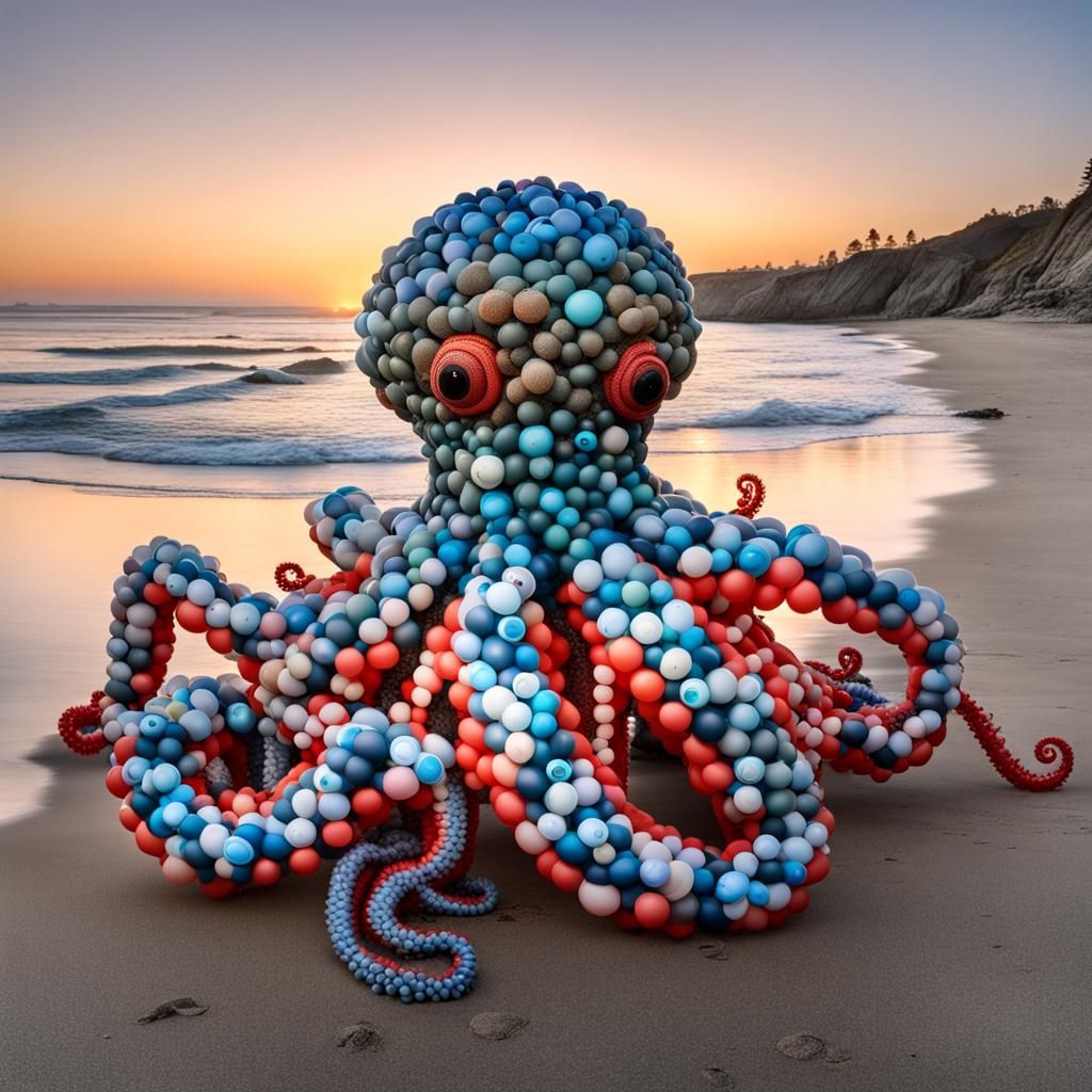 Balloon Octopus on Rocky Beach at Sunset